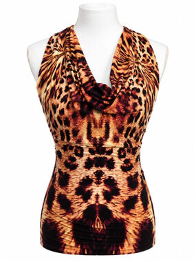 Sky Animal Print Halter Top XS Rhinestone Back Cowl Neck Ruched Y2K NWT Nightout